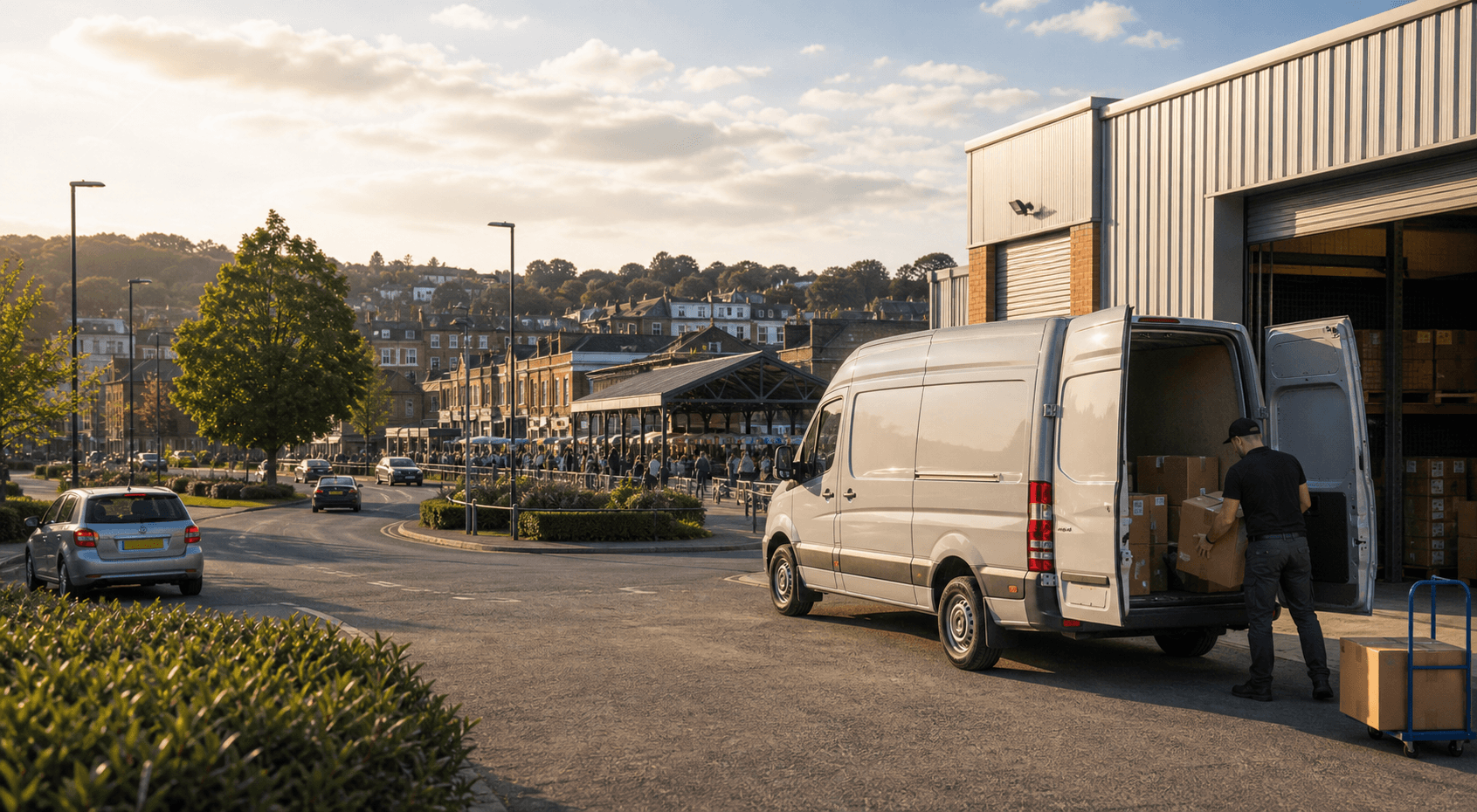 Modern self-drive rental van ready for loading in Guildford